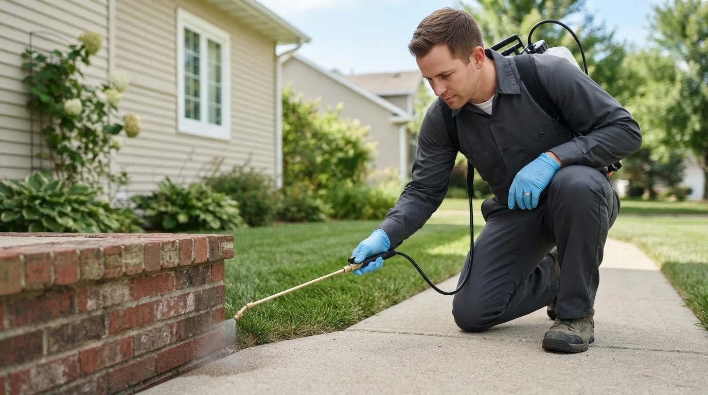 Pest control technician treating a home near Hesperia, MI