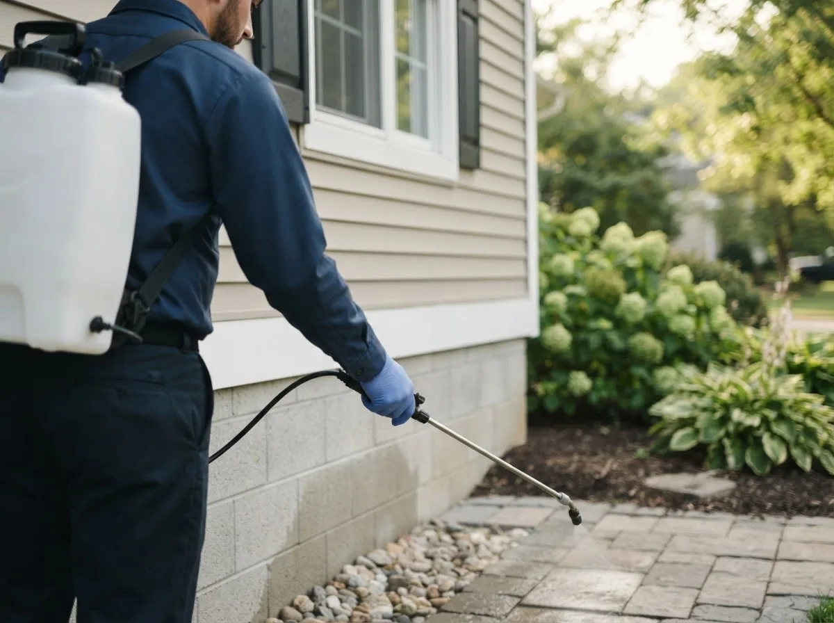 Pest control technician inspecting a home in Hesperia, MI
